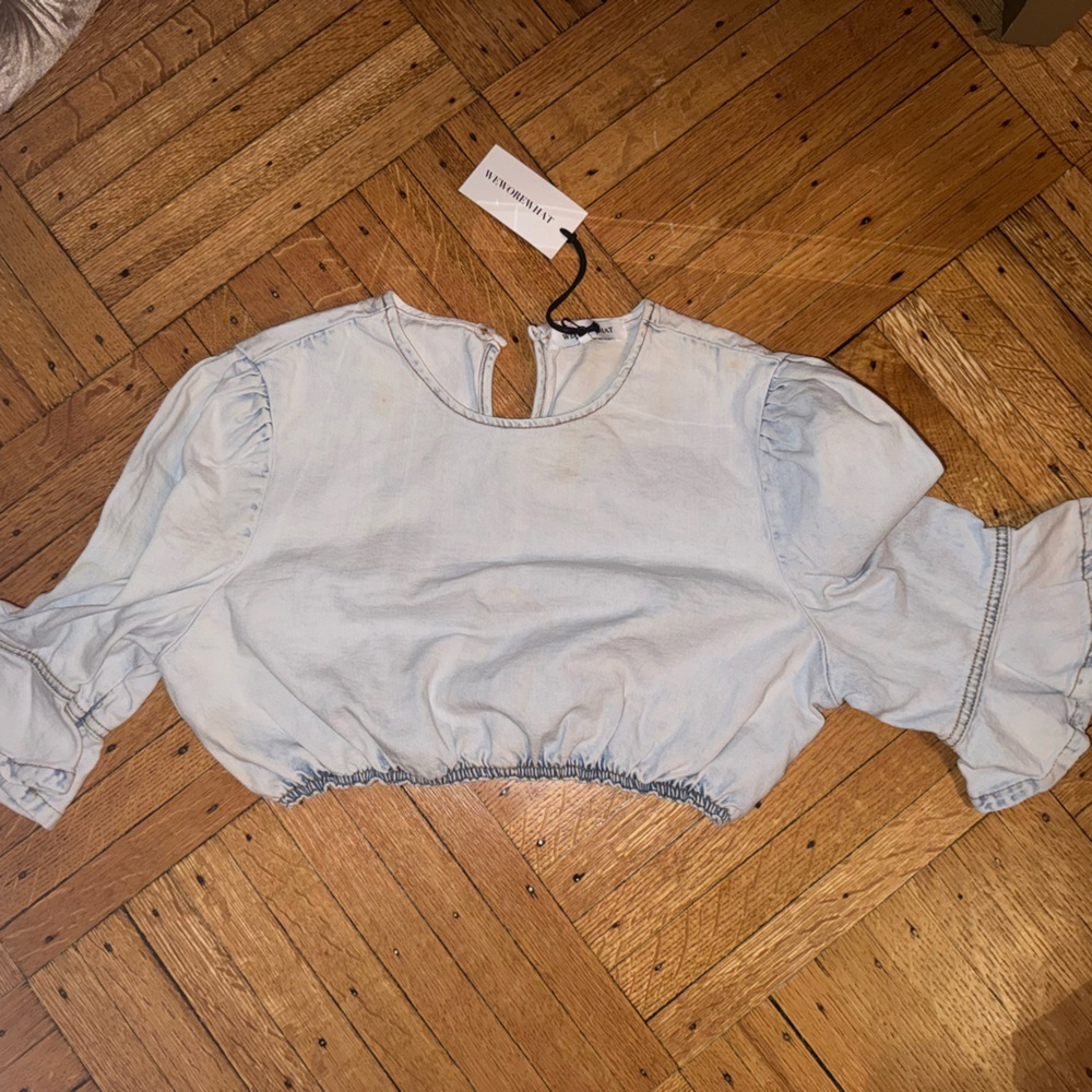 We wore what denim crop top bell sleeves shirt